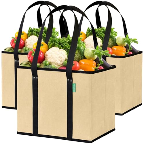 Reusable Grocery Bags (3 Pack) – Heavy Duty Reusable Shopping Bags, Beige - color: Beige