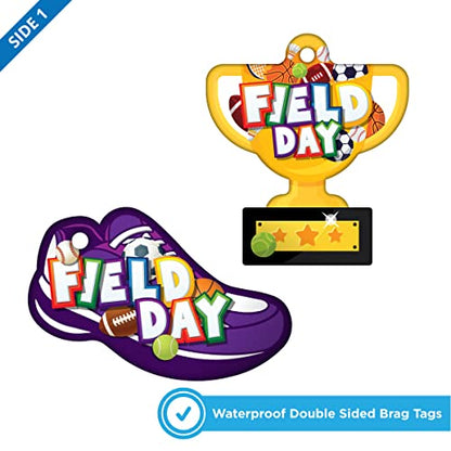 2024 School Field Day 100 Students Pack. Six Items per Student: 1- Ribbon, 1-2.25" Ribbon Topper Sticker, 1- Trophy Brag Tag, 1- Shoe Brag Tag, 1-3D Flexible Brag Stick, & 1- Purple Cable Ring - size: 100 Student Packs