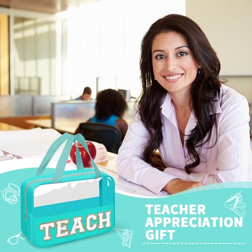 Teacher Appreciation Gifts Chenille Letter Clear Makeup Bag TEACH Pouch, Preppy Waterpoof Makeup Cosmetic Bag with Zipper Graduation Retirement Birthday Teacher Essentials Gifts for Women(TEACH-Green) - color: TEACH-Green