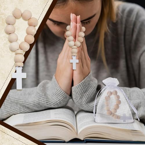OLYCRAFT 36Pcs Wooden Rosary Beads with White Cross Pendant 3.7 Inch Long Wooden Finger Rosary Bead with Cross Classic Mini Rosaries and Mesh Bags Natural Wood Beads for Guests Party Favors - color: White Cross
