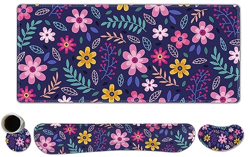 ToLuLu Extended Gaming Mouse Pad, Memory Foam Keyboard Mouse Wrist Rest Set - color: Purple Flowers