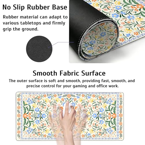 Green Floral Mouse Pad,35.4 x 15.7 Inch Large Mouse Mat Non-Slip Rubber Stitched Edges for Writing Desk,Office,Home,Laptop - color: Green Floral, size: 35.4L x 15.7W inches