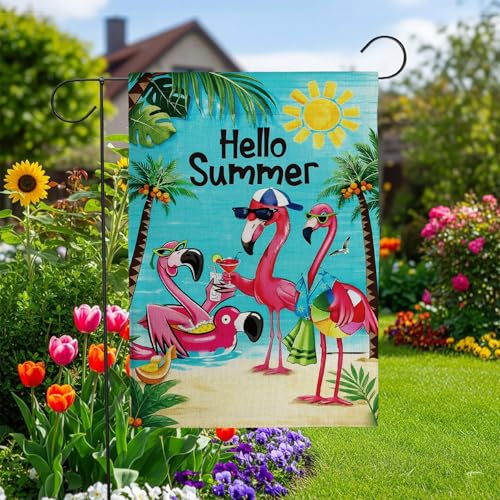 Hello Sunshine Flamingo Garden Flag Double Sided Burlap 12x18in - color: Blue Sunshine