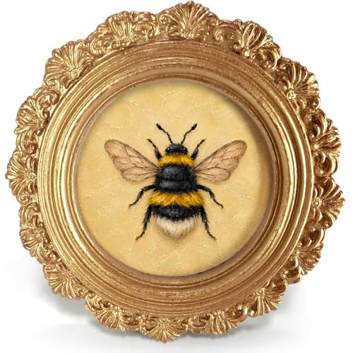 Small Vintage Bee Round Picture Frame Wall Decor, Farmhouse Insect Gold Mini Ornate Photo Frame for TableTop Desk 2.7in Photo, Rustic Summer Framed Artwork for Walls Office Bedroom Shelf - color: bee