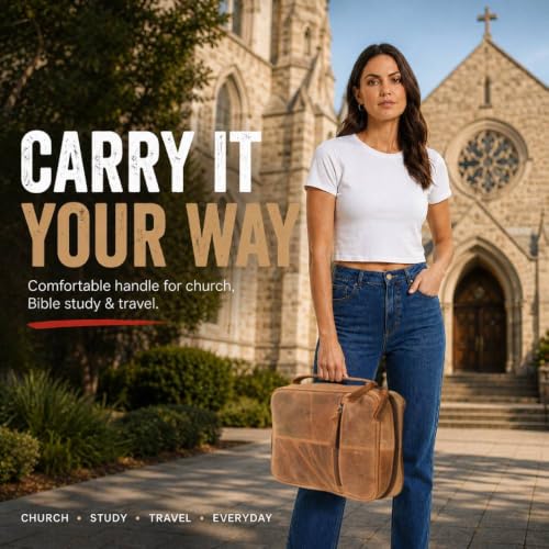 11 x 8 inch Genuine Leather Bible Cover for Men & Bible Case Women Organizer with Handle & Pocket Pen Holder Christian Religious Gift Cross Bookmark Bible Carrying Bag for Church Camel - color: Yellow Camel