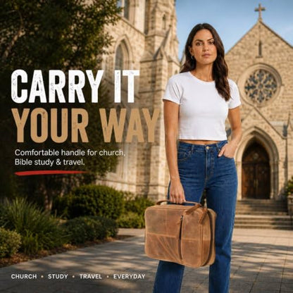 11 x 8 inch Genuine Leather Bible Cover for Men & Bible Case Women Organizer with Handle & Pocket Pen Holder Christian Religious Gift Cross Bookmark Bible Carrying Bag for Church Camel - color: Yellow Camel