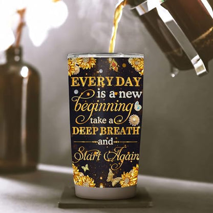 WAZONE Personalized Sunflower Insulated Tumbler 20oz 30oz Every Day Is A New Beginning Motivational Sayings Custom Name Gifts For Women Friends Stainless Steel With Lid Vacuum Travel Cup Mug - color: Sunflower