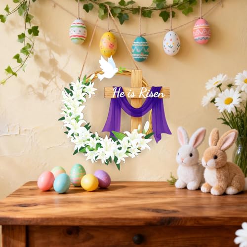 He is Risen Sign, Wooden Christian Wreath Hanging Sign with Cross and Lily Flowers Hanger Door Designs Funny Easter Decoration Supplies for Farmhouse Home Party Decor