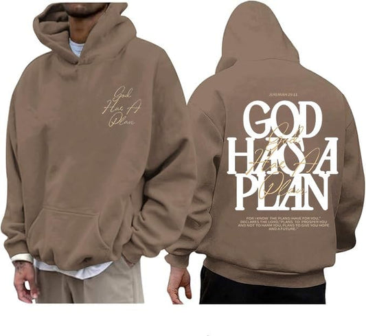Christian Hoodies for Men God Has a Plan Graphic Tops - color: Brown, size: Large