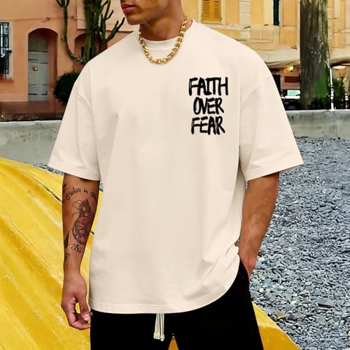 Christian Jesus Shirts for Men Faith Over Fear Shirt God Religious Bible Verse Inspirational Oversized Graphic Tees - color: Apricot, size: Small