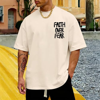 Christian Jesus Shirts for Men Faith Over Fear Shirt God Religious Bible Verse Inspirational Oversized Graphic Tees - color: Apricot, size: Small