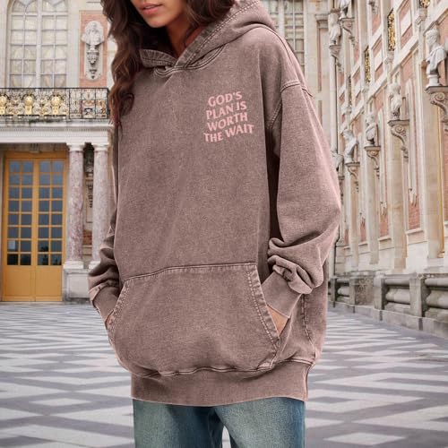 Christian Graphic Hoodies for Women God Bible Verse Oversized Hoodie Religious Letter Print Acid Wash Sweatshirts - color: Brown, size: Medium