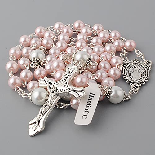 HanlinCC Catholic Rosary Glass Beads Necklace with Gift Box
