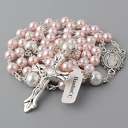HanlinCC Catholic Rosary Glass Beads Necklace with Gift Box