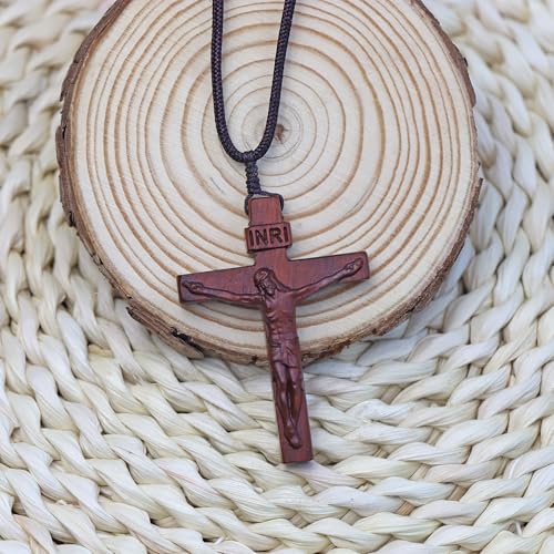 Rnivida Natural Wooden Crucifix Cross Necklace for Men - Handmade Adjustable Rope Chain with Large Religious Pendant, Catholic Christian Spiritual Jewelry Gifts - color: Brown