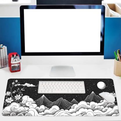 Moon Mountain Gaming Mouse Pad Black White Landscape Zen Mountain Mousepad Extended Large Laptop Keyboard Non-Slip Rubber Base with Stitched Edges 31.5x11.8 Inch - color: Moon Mountain, size: 31.5" x 11.8"