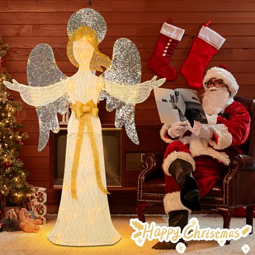 4 FT Lighted Christmas Angel, 3D Pre‑Lit Outdoor Yard Decor - size: 48''*33.5''