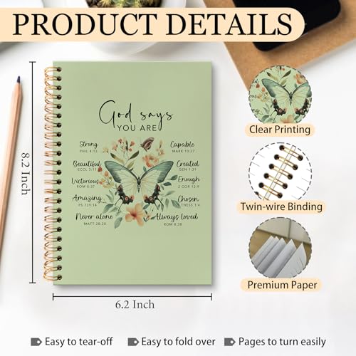 huester Inspirational Christian Butterfly Notebook Journal, God Says You Are Bible Scripture Green Journal Notebooks for Note Taking, Bible Journaling Hardcover Paper Spiral Notebook, 5.5x8.3 Inch - color: green