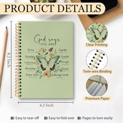 huester Inspirational Christian Butterfly Notebook Journal, God Says You Are Bible Scripture Green Journal Notebooks for Note Taking, Bible Journaling Hardcover Paper Spiral Notebook, 5.5x8.3 Inch - color: green