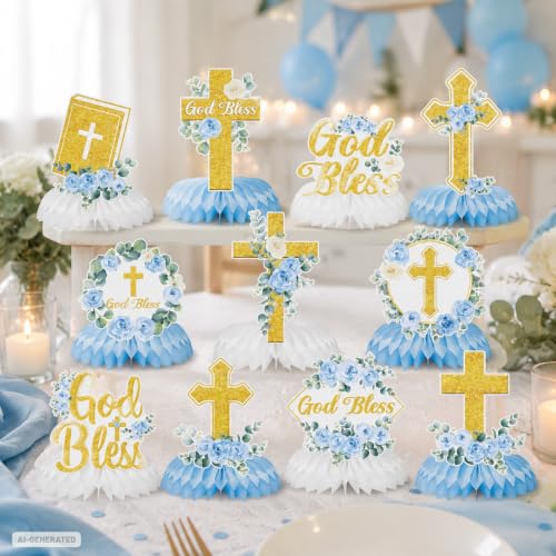 11Pcs Blue Floral God Bless Honeycomb Centerpieces, Baptism Christening Table Decorations, Christian Cross Religious Centerpiece for Baby Shower First Communion Birthday Party Supplies