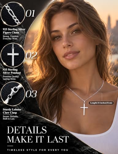 MILACOLATO Solid 925 Sterling Silver Cross Necklace for Men Women 16-24 in - color: Sterling Silver Figaro Chain, size: 16 in=41 cm
