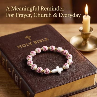 Cross Bracelet for Women - Christian Cross Beaded Bracelet Religious Jewelry for Women, Catholic Confirmation Gifts Inspirational Stretch with Charm, Meaningful Confirmation Jewelry Gifts - color: Rose Red