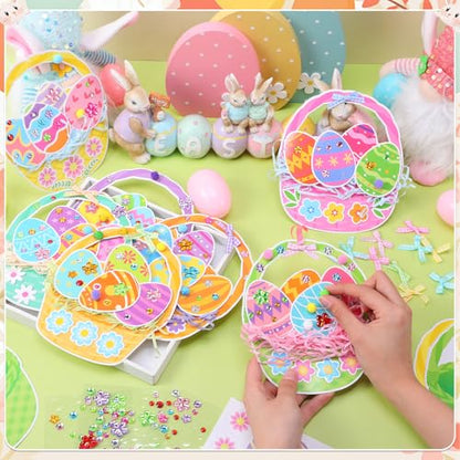 Funrous 48 Sets Crafts Kit Paper Crafts DIY Make Your Own Hanging Ornaments with Pompoms Diamond Stickers for Holiday Classroom Activities Party Favors, Easter Basket - style: Easter Basket
