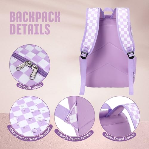 UREYMX Checkered Backpack - School Backpack for Kids, Large Capacity, Waterproof, Lightweight, Black - color: 3 in 1 Purple and White Plaid