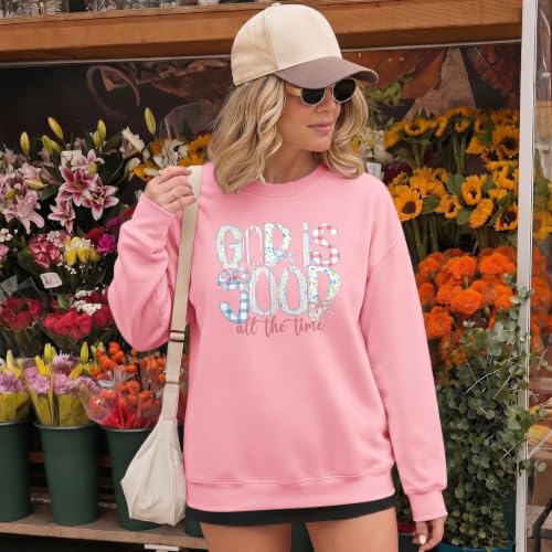 Christian God Is Good Sweatshirts for Women Jesus Bow Bible Verse Sweatshirt Faith Religious Graphic Hoodies - color: Pink, size: Small