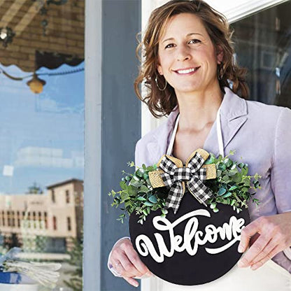 Welcome Sign for Front Door, 12 Inch Round Black Wood Wreath