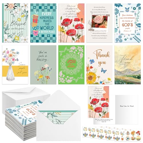Motiskyy 100 Pack Religious Thank You Cards Bulk 4x6 Inch Christian Appreciation Card with Envelopes Stickers 10 Design Assortment with Scripture Blessings Inspirational Bible Verse(Watercolor)