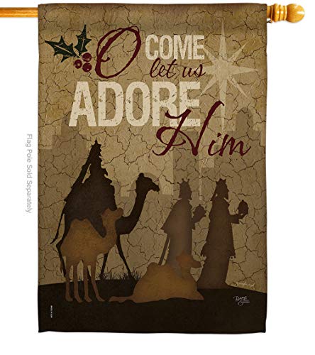 Breeze Decor Christmas Nativity Banner Wall Hanging Home Indoor Porch Dorm Bedroom Residential Flag Outdoor Tapestry Poster Signs Religious Christian Gifts Let Us Adore Him Room Decor, Made in USA