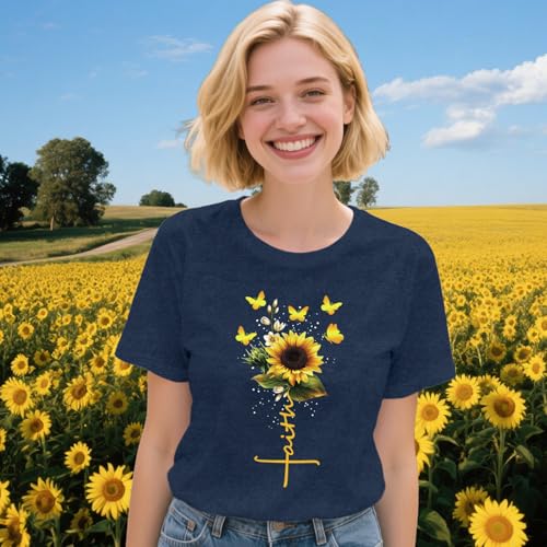 Womens Christian Shirts Faith Cross Sunflower Butterfly T-Shirt Bible Verse Religious Tee Tops - color: Blue, size: XX-Large
