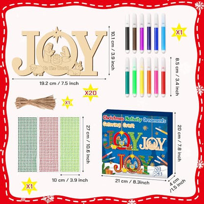BeYumi Christmas Joy Wooden Crafts - 20Pcs DIY Wooden Joy to THE World Ornaments Craft Kit for Kids Make Your Own Nativity Decor Christian Religious Xmas Craft with Gem Sticker Church Party Supplies - style: JOY
