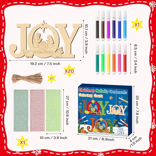 BeYumi Christmas Joy Wooden Crafts - 20Pcs DIY Wooden Joy to THE World Ornaments Craft Kit for Kids Make Your Own Nativity Decor Christian Religious Xmas Craft with Gem Sticker Church Party Supplies - style: JOY