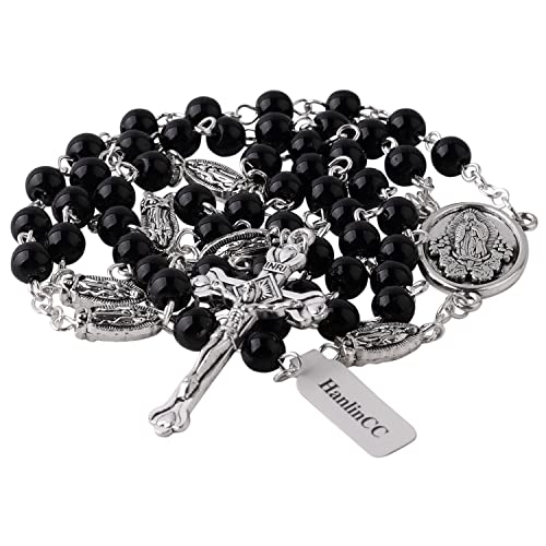 HanlinCC Guadalupe Catholic Rosary Glass Pearl Beads Necklace with Gift Box - color: Guadalupe Rosary Black