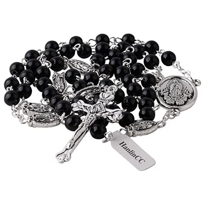 HanlinCC Guadalupe Catholic Rosary Glass Pearl Beads Necklace with Gift Box - color: Guadalupe Rosary Black