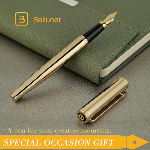 BEILUNER Gold Fountain Pen,Stunning Luxury Pens with 24K Gold Finish, Gorgeous 24K Gilded Nib(Medium), Fancy Pen Gift Set for Men&Women -Ink Converter-Elegant,Office,Nice Pen for Writing - color: Gold, style: Medium Nib