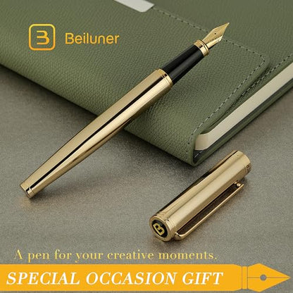 BEILUNER Gold Fountain Pen,Stunning Luxury Pens with 24K Gold Finish, Gorgeous 24K Gilded Nib(Medium), Fancy Pen Gift Set for Men&Women -Ink Converter-Elegant,Office,Nice Pen for Writing - color: Gold, style: Medium Nib