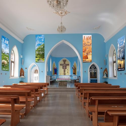 chiazllta 4Pcs Church Banners for Sanctuary Wall Welcome Religious Hanging Backdrop Christian Bible Verse Banner Scenic Pattern Inspirational Christian Decor for Church Sunday School Decoration