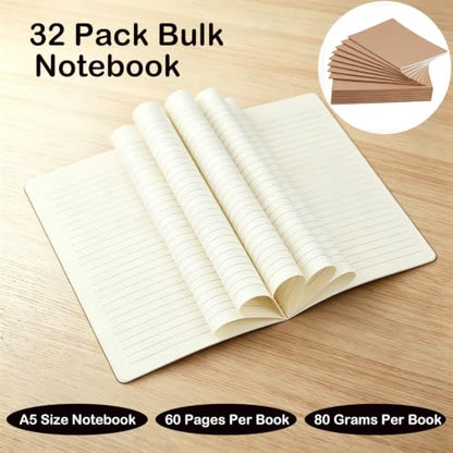 Wotion Kraft Lined Notebook 32 Pack, A5 Journal, 8.3" x 5.5", 60 Pages Thick No Bleed Paper, Soft Cover Bulk Notebooks for Students Office Travel - style: 32pack Lined page