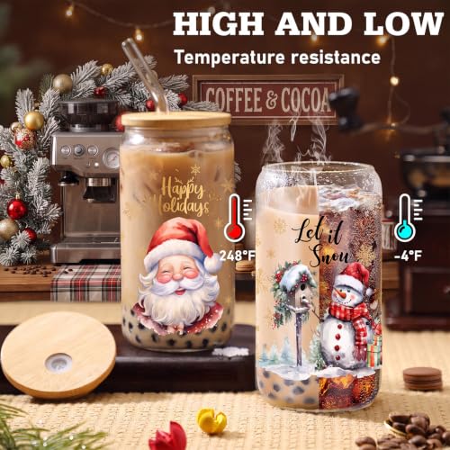 Teenyyou 12 Sets Christmas Glasses Cups with Bamboo Lid and Glass Straw, 16 oz Red Buffalo Plaid Christmas Glass Jar Drinking Cups, Festive Santa Snowman Elk Coffee Cup for Xmas Holiday Party Gifts - style: Red Black Plaid