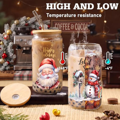 Teenyyou 12 Sets Christmas Glasses Cups with Bamboo Lid and Glass Straw, 16 oz Red Buffalo Plaid Christmas Glass Jar Drinking Cups, Festive Santa Snowman Elk Coffee Cup for Xmas Holiday Party Gifts - style: Red Black Plaid