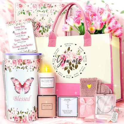 11PCS Christian Gifts for Women Faith, Inspirational Gifts for Women, Pink Birthday Spiritual Religious Basket Set,Self Care Get Well Soon Baskets for Mom,Friends,Wife,Girlfriends Valentine's Day Gift - color: Light Pink