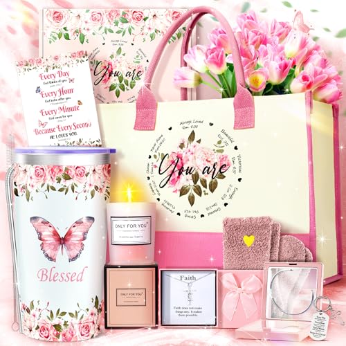 11PCS Christian Gifts for Women Faith, Inspirational Gifts for Women, Pink Birthday Spiritual Religious Basket Set,Self Care Get Well Soon Baskets for Mom,Friends,Wife,Girlfriends Valentine's Day Gift - color: Light Pink