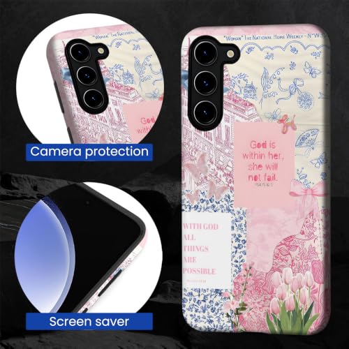 Compatible with Samsung Galaxy S23,2-in-1 Frosted Phone Cover Shockproof Case - Bible Verse Pink Tulip Flowers - color: Bible Verse Pink Tulip Flowers, size: Samsung Galaxy S23