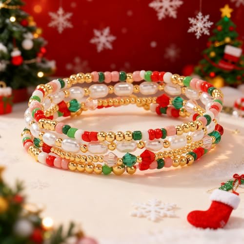 Gold Beaded Bracelets Stack for Women Stackable 14K Gold Plated Beads Ball Cross Bracelet Boho Christian Jewelry Faith Friendship Birthday Gifts for Women - color: Red Green White