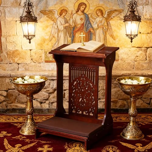 Colingmill Tree of Life Church Prayer Bench Stool Wooden Padded Kneeler with Shelf and Cushion Prayer Kneeler for Home Church Religious Gifts, 24 x 22 x 32 inches(Walnut Color)
