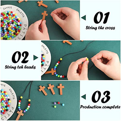 Kathfly 261 Pcs Wood Cross Necklace, Sunday School Crafts for Kids, Brown - color: Brown