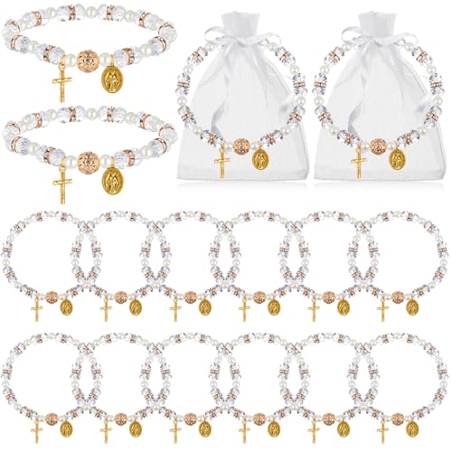 Taiyin Rosary Bracelet Bulk with Mesh Bags, White Religious Rosary Bead Bracelet Catholic Bracelets, Baptism First Communion Gifts for Women - color: Gold
